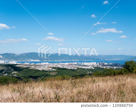 Black sea coast. bald mountain. Beautiful blue sea in Novorossiysk 120988750