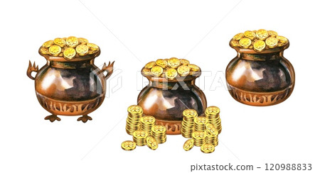 Vintage pots with leprechaun gold coins and four leaf clover for St. Patrick's Day watercolor template. Set of decorative elements for holiday print design: invitations, cards, borders, banners 120988833