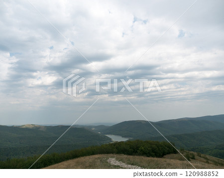 Birds eye view of the Caucasian mountain range and the mountain lake Neberdzhaevskoe reservoir near Novorossiysk in the Krasnodar Region 120988852
