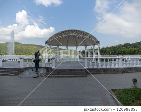 Abrau Durso, Russia 28 August 2024: Picturesque view of embankment of lake Abrau on sunny day in Abrau Durso Abrau Durso, Russia 28 August 2024: Picturesque view of embankment of lake Abrau on sunny day in Abrau Durso 120988855