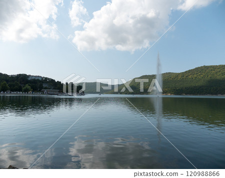 Abrau Durso, Russia 28 August 2024: Picturesque view of embankment of lake Abrau on sunny day in Abrau Durso 120988866