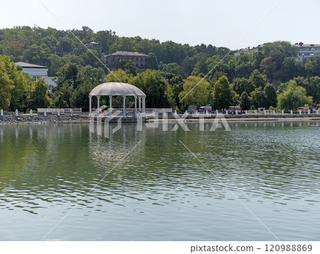 Abrau Durso, Russia 28 August 2024: Picturesque view of embankment of lake Abrau on sunny day in Abrau Durso 120988869