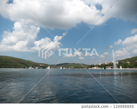 Abrau Durso, Russia 28 August 2024: Panoramic view of the lake Abrau-Durso with sailboats on a sunny day Abrau Durso, Russia 28 August 2024: Panoramic view of the lake Abrau-Durso with sailboats on a sunny day 120988888