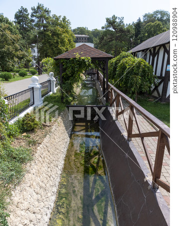 Abrau Durso, Russia 28 August 2024: Picturesque view of embankment of lake Abrau on sunny day in Abrau Durso 120988904