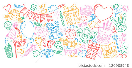 Big birthday set of colorful holiday doodles, festive childish scribbles and baby shower elements Big birthday set of colorful holiday doodles, festive childish scribbles and baby shower elements 120988948