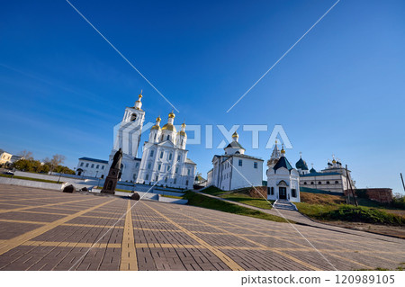 Annunciation Church and Monument to Sergius, Patriarch of Moscow and All Rus' in Arzamas - Golden Domes and Blue Sky 120989105