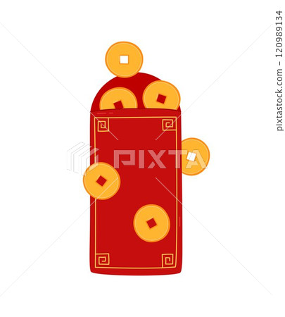 Angpao with coins isolated vector elements. Asian festive red envelope with ornament. Traditional gift money for Lunar New Year, wedding and other celebrations. Flat illustration Angpao with coins isolated vector elements. Asian festive red envelope with ornament. Traditional gift money for Lunar New Year, wedding and other celebrations. Flat illustration 120989134