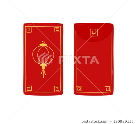 Angpao red envelopes isolated vector elements. Asian festive hongbao with Chinese lantern ornament. Traditional gift with coins money for Lunar New Year, wedding other celebrations. Flat illustration 120989135