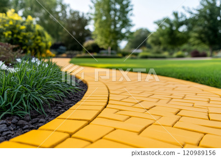 Vibrant yellow brick pathway winds through a garden with greenery, flowers, and trees 120989156