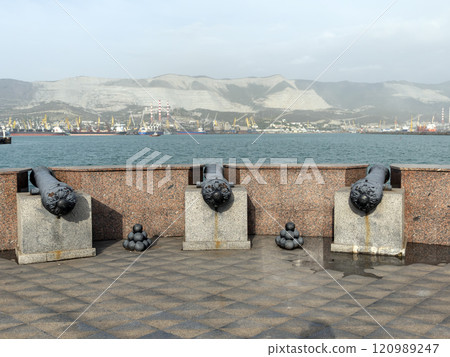 Novorossiysk, Russia 28 August 2024 Three old cannons are directed to sea of Novorossiysk in the Black Sea coast Novorossiysk, Russia 28 August 2024 Three old cannons are directed to sea of Novorossiysk in the Black Sea coast 120989247