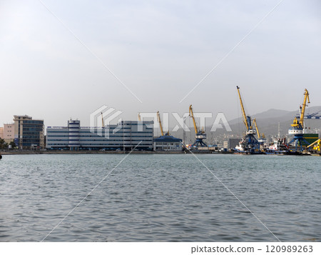 Novorossiysk, Russia 08.18.2023. Port cranes, Black Sea, port, Krasnodar Territory, Novorossiysk 120989263