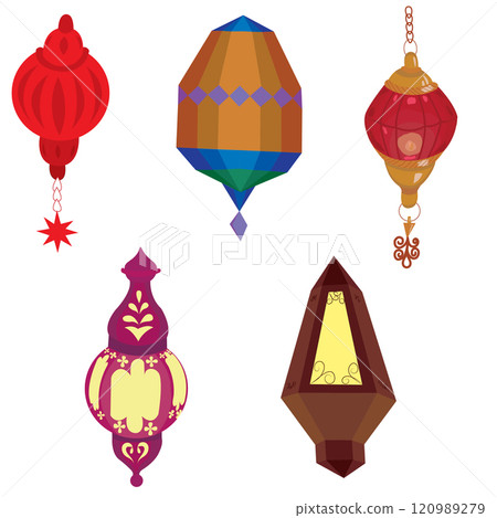 Set of vintage Christmas tree toys. Vector illustration isolated on white background. 120989279