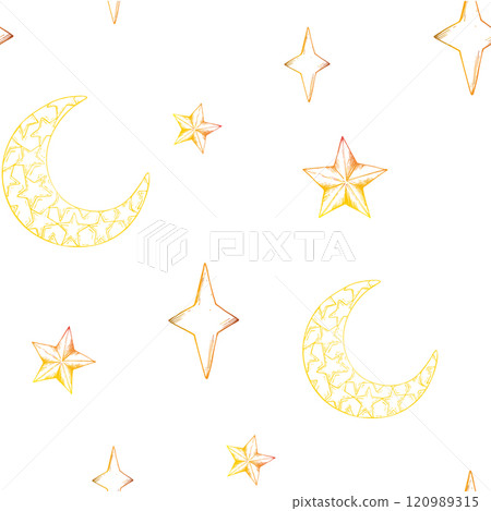 Vector seamless pattern with arabian mosaic, stars, gold crescent moon. Graphic illustration isolated on background. Muslim hand drawn line sketch, holiday Ramadan Kareem or Eid Al Adha 2025. For 120989315