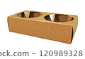 A cardboard container with two circular compartments, typically used for holding food items like snacks or appetizers. 120989328