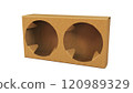 A cardboard box with two circular cutouts, designed to hold and display items such as cups or small containers. 120989329