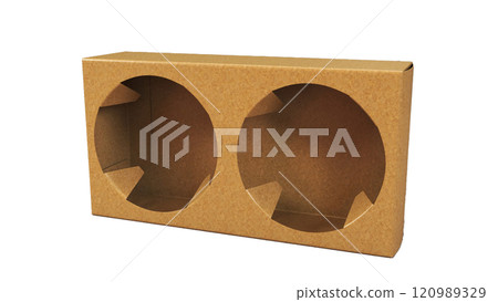 A cardboard box with two circular cutouts, designed to hold and display items such as cups or small containers. 120989329