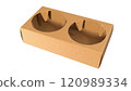 A cardboard tray designed to hold two cups securely, ideal for transporting beverages. 120989334