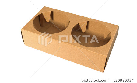 A cardboard tray designed to hold two cups securely, ideal for transporting beverages. A cardboard tray designed to hold two cups securely, ideal for transporting beverages. 120989334