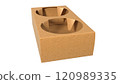 A cardboard packaging insert with two circular cutouts, designed to hold and secure items during transport. 120989335
