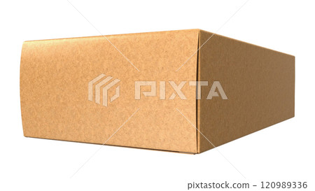 A plain cardboard box viewed from an angle, typically used for packaging and shipping items. A plain cardboard box viewed from an angle, typically used for packaging and shipping items. 120989336