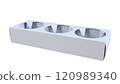 A white cardboard container designed to hold three individual items, likely for food or beverages. 120989340