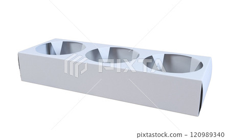 A white cardboard container designed to hold three individual items, likely for food or beverages. 120989340