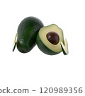 A whole avocado and a sliced avocado showcasing its smooth green flesh and brown pit. 120989356