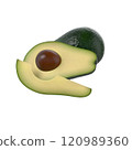 A sliced avocado showcasing its creamy interior and seed, highlighting its nutritional appeal. 120989360