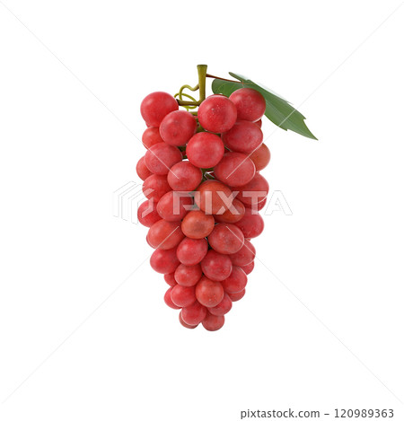 A realistic bunch of red grapes with a green leaf, showcasing the fruit's texture and color. A realistic bunch of red grapes with a green leaf, showcasing the fruit's texture and color. 120989363