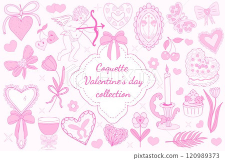 Valentine's Day cute collection. Pink girly coquette y2k aesthetic set, elegant vintage accessory. Lovely cute collection, red cherrie, pink ribbon, bow, heart, cupid. Vector illustration 120989373