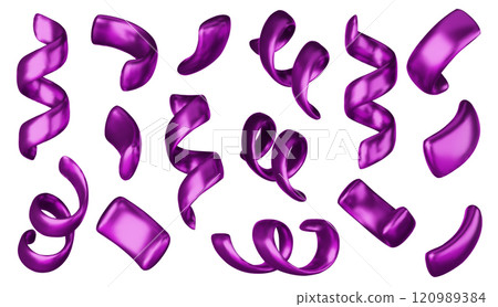 Vector 3d confetti background. Violet festive icons, cute design elements isolated. Birthday or carnival illustration, party decoration set. 120989384