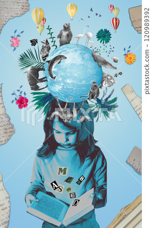 Knowledge concept. Calming book. Small child - little girl and blue sky Knowledge concept. Calming book. Small child - little girl and blue sky 120989392