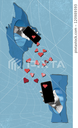 Creative trend abstract collage of hand giving likes hearts reaction on social media Creative trend abstract collage of hand giving likes hearts reaction on social media 120989393