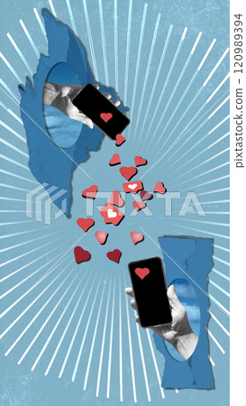Creative trend abstract collage of hand giving likes hearts reaction on social media 120989394