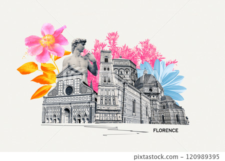 Collage of landmarks of Florence, Italy. Basilica of Santa Maria del Fiore or Basilica of Saint Mary of the Flower in Florence, Italy Collage of landmarks of Florence, Italy. Basilica of Santa Maria del Fiore or Basilica of Saint Mary of the Flower in Florence, Italy 120989395