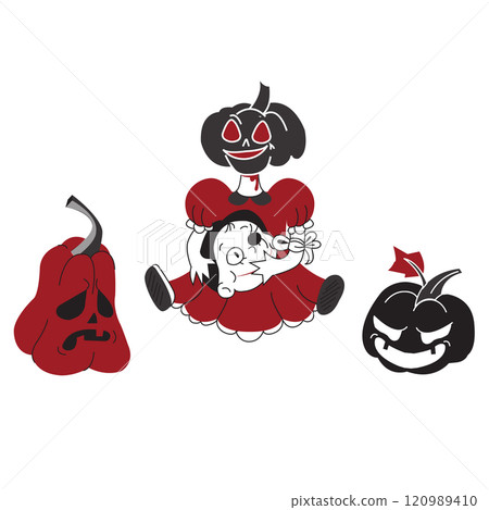 Halloween creepy doll with pumpkin instead of head. Vector illustration isolated on white background. 120989410