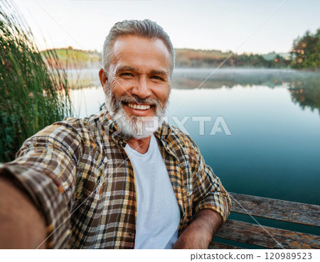 Reflective Middle-Aged Man Taking a Morning Selfie by a Misty Lake 120989523