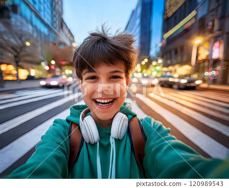 Playful Teenager Taking a Selfie on a Busy City Street at Dusk 120989543