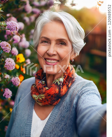 Cheerful Elderly Woman Taking a Garden Selfie Amid Blooming Flowers 120989552