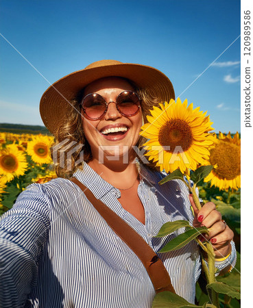 Happy Plus-Size Woman Taking a Selfie in a Sunflower Field 120989586
