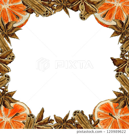 Square board with orange, cinnamon stick, stars anise and cloves by watercolor 120989622