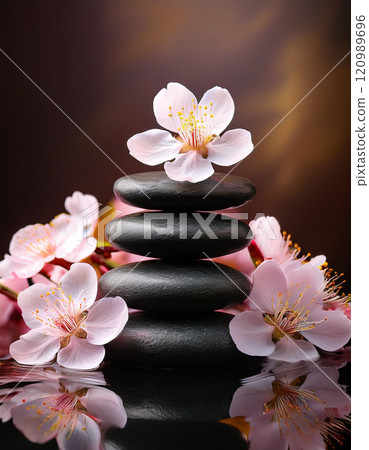 Zen stones surrounded by delicate cherry blossoms 120989696
