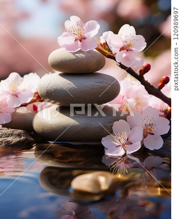 Zen stones surrounded by delicate cherry blossoms 120989697