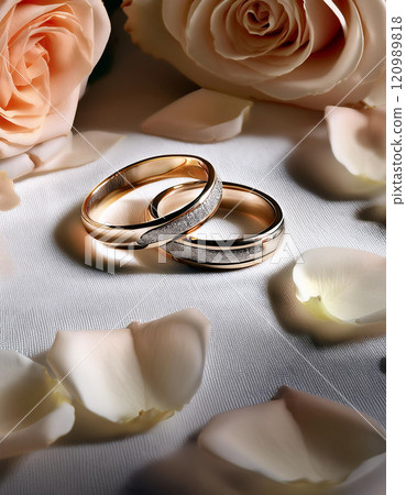 Wedding Rings with Rose Petals and Soft Lighting 120989818