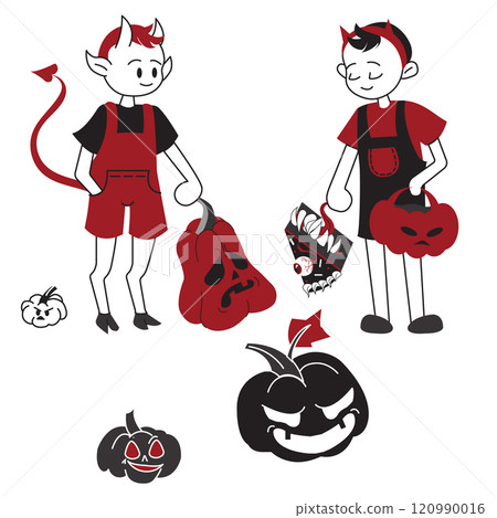 Children in devil costumes with pumpkins and toothy cake. Concept of traditional Halloween celebration. Vector illustration isolated on white background. Children in devil costumes with pumpkins and toothy cake. Concept of traditional Halloween celebration. Vector illustration isolated on white background. 120990016