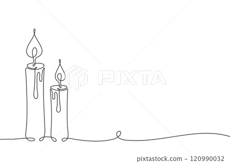 Continuous one line drawing of burning candles. Line art. Holiday illustration 120990032