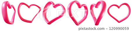 Set of vibrant pink 3D hearts, isolated on white background, various angles and perspectives. Perfect for Valentines Day, romantic designs, social media graphics, love-themed projects. Heart outline. 120990059