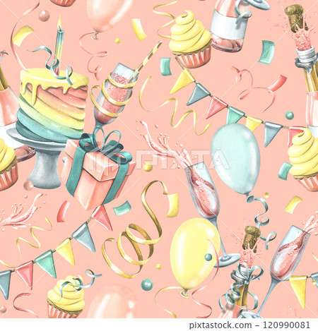 Bright, cheerful, festive, seamless pattern with champagne, cake, gifts, balloons and confetti, flags. Watercolor illustration from the HAPPY BIRTHDAY collection. For packaging paper design Bright, cheerful, festive, seamless pattern with champagne, cake, gifts, balloons and confetti, flags. Watercolor illustration from the HAPPY BIRTHDAY collection. For packaging paper design 120990081