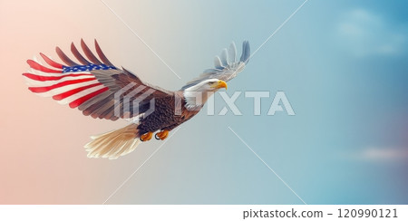 Eagle with American flag wings soaring against in the air. The personification of freedom and independence. Isolated. Pink and blue background with free space for text. Generated by AI Eagle with American flag wings soaring against in the air. The personification of freedom and independence. Isolated. Pink and blue background with free space for text. Generated by AI 120990121