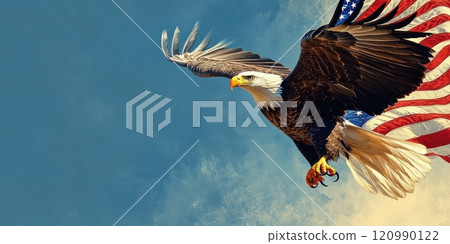 Eagle with American flag soaring against in the air. The personification of freedom and independence.  Background with free space for text. Generated by AI Eagle with American flag soaring against in the air. The personification of freedom and independence.  Background with free space for text. Generated by AI 120990122